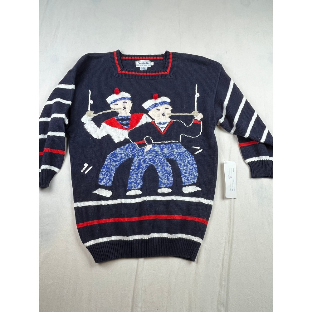 Sweater Bee Banff Ltd Vintage Sailor Graphic Knit Sweater Navy Blue Small NWT